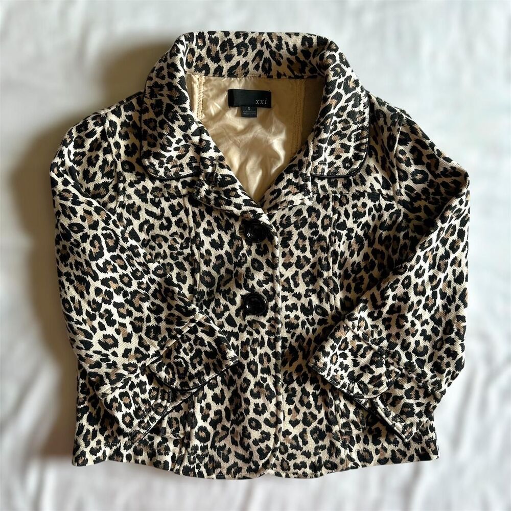 Vtg 90s Forever 21 Leopard Print Button Front Cropped Jacket Sz S Indie‎ Preppy